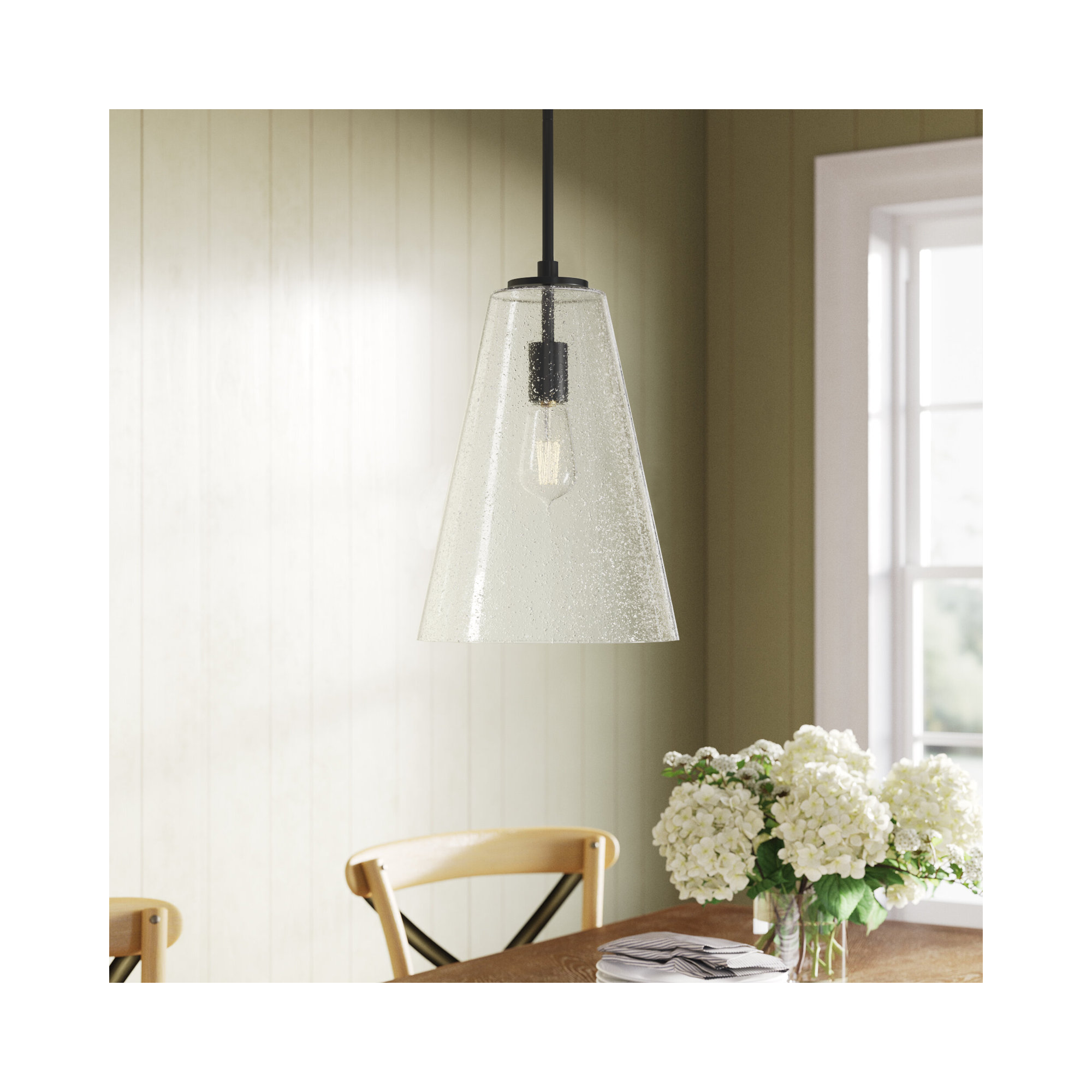 Evanne Single Light Glass Dimmable Pendant, Satin Black