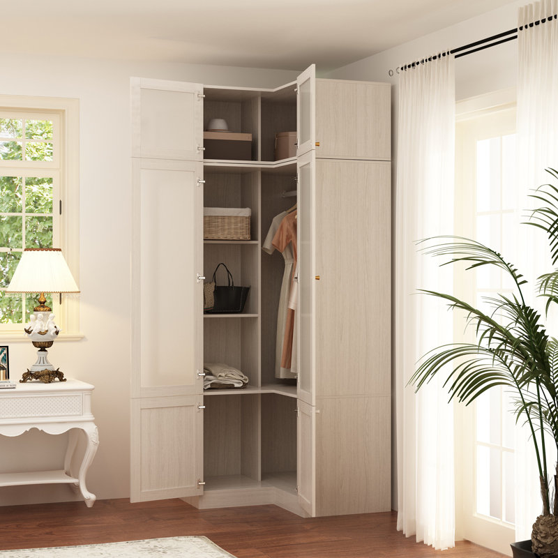 35.4" x 35.4" L-Shaped Corner Wardrobe with Frosted Glass Doors & Top Storage