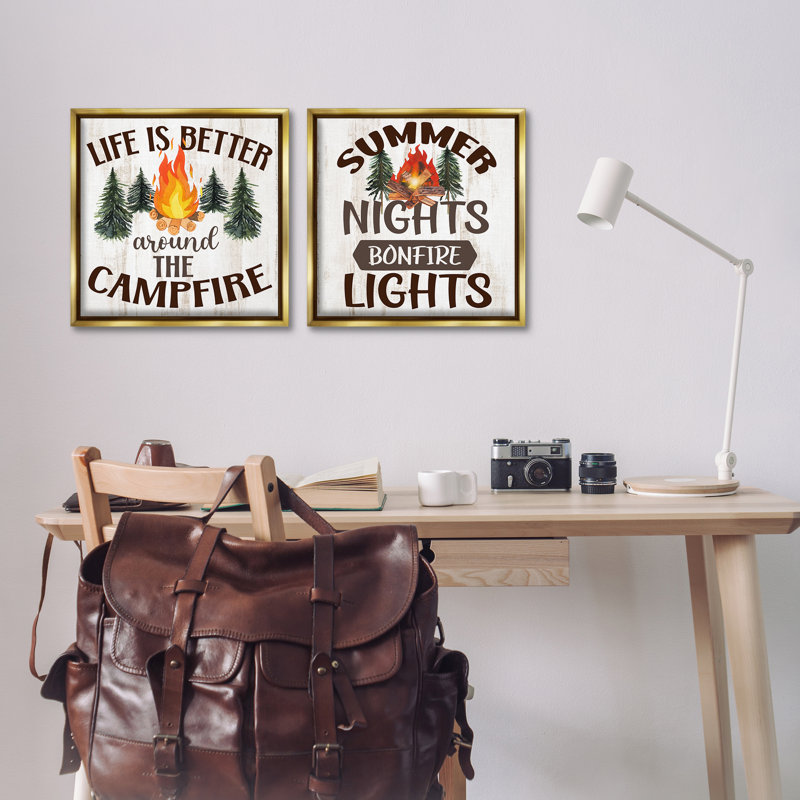 «Summer Nights Campfire», ensemble de 2 toiles flottantes encadrées par Kim Allen, Cadre flottant métallique doré