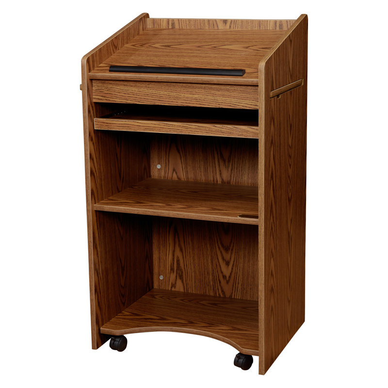 Medium Oak Rolling Workstation Lectern with Shelves
