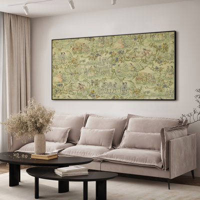 Très grand art mural imprimé sur toile - Toile de Jouy rétro, scène pastorale avec volutes florales et personnages historiques pour un décor de maison de campagne ou de salon - "Assemblage requis (cadre non fini)"