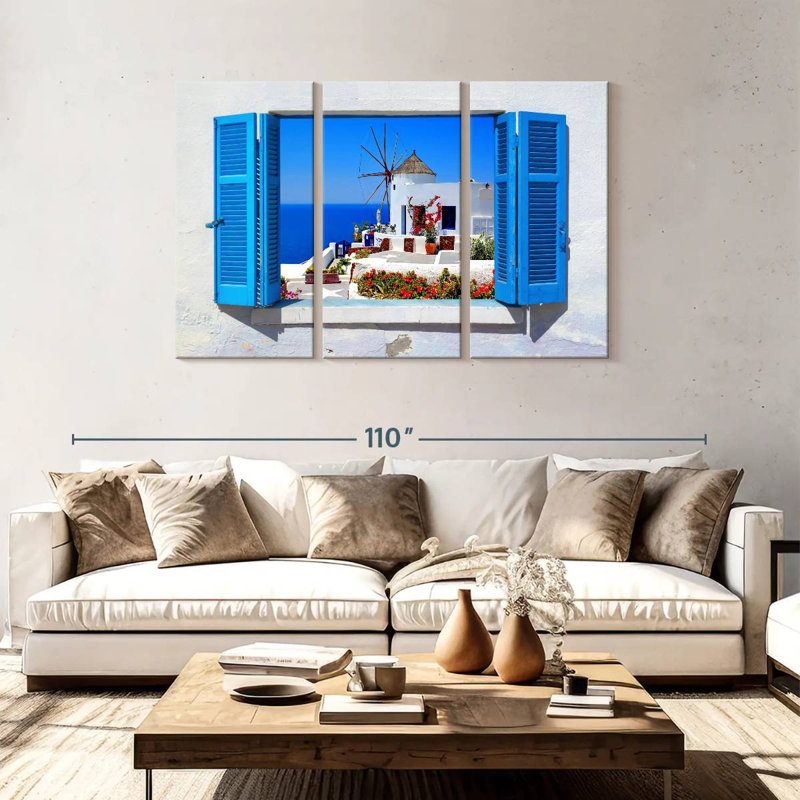 Sebbie Oia Windmill Window View, 48" H x 74" W