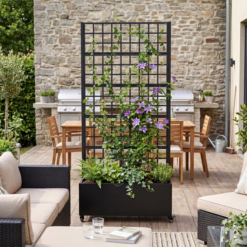 Boîte à fleurs en métal avec treillis et roues Conall, Noir, H 70,9 po x l 35,4 po x P 15,7 po