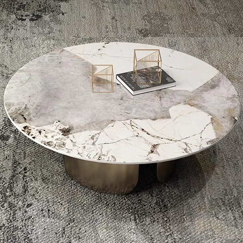 Table basse ronde en pierre blanche avec acier au carbone, White / Bronze gold, 19.69" H x 27.56" W x 27.56" D