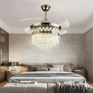 EASYG 42Invisible Ceiling Fan Chandelier with Light,Modern Crystal Ceiling  Fan Light Remote Control 4 Retractable ABS Blades 