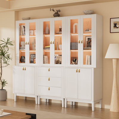 94.5" W Modular Library Bookcase With Glass Doors And Integrated LED Lighting, Large Wall Unit With Drawers And Storage Cabinets, White