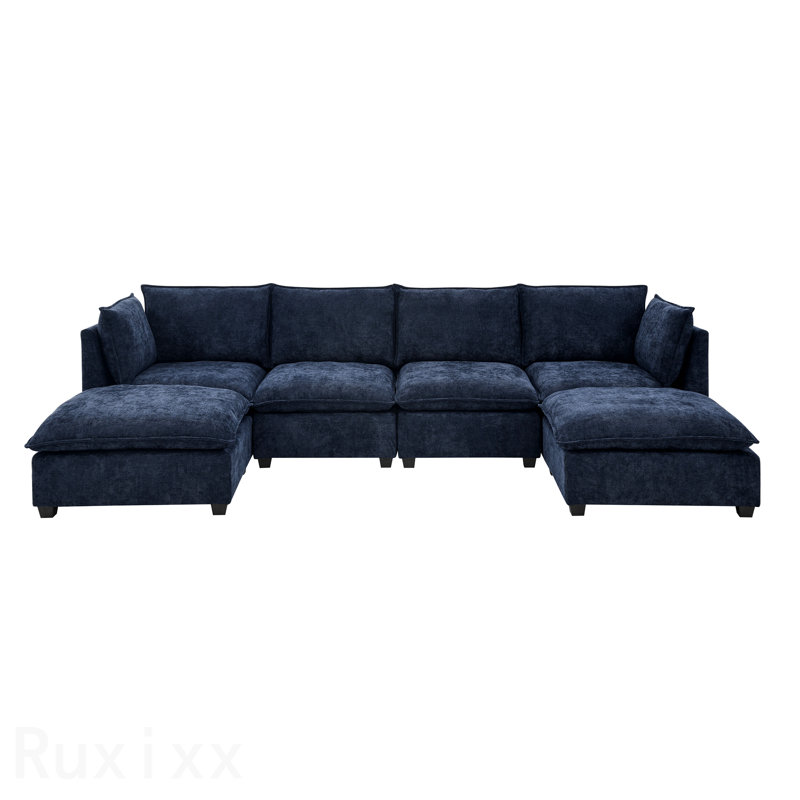 Canapé modulaire à 4 places avec 2 repose-pieds et canapé-lit en chenille Comfy Cloud, Bleu