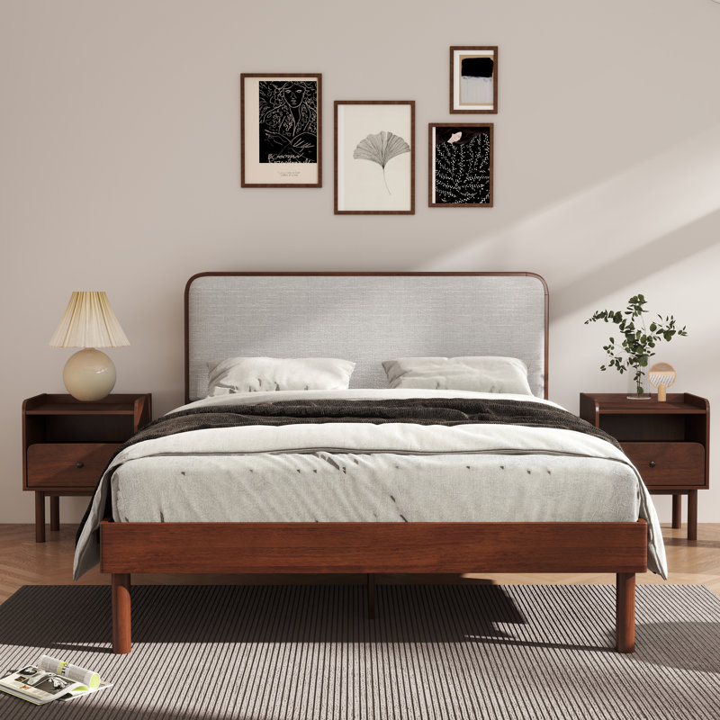 Wyller 3-Piece Bedroom Set, Platform Bed With Two Nightstands, Natural Walnut, Queen