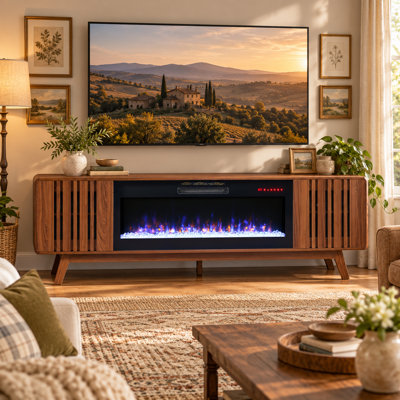 Meuble télé avec foyer électrique pour téléviseur de 85 po Panora, console multimédia avec portes coulissantes à lattes, radiateur 1400 W et flamme 16 couleurs