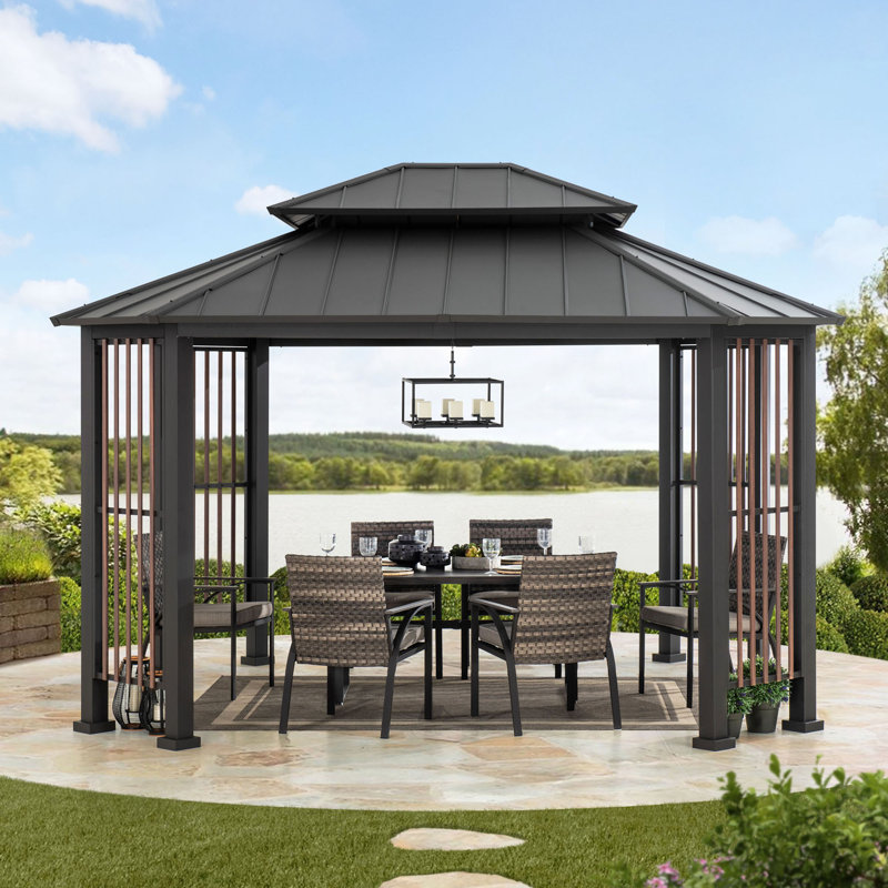 Sunjoy 11 x 13 ft. Hardtop Gazebo Outdoor 2-Tier Steel Hardtop Metal Gazebo with Dual Rails and Ceiling Hook, Suitable for Patio & Backyard