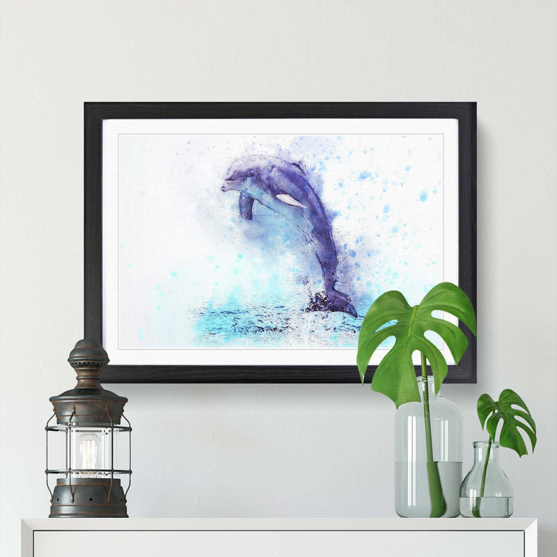 Jumping Dolphin in Abstract - Picture Frame Painting Print, 27cm H x 36cm W x 2cm D, Black Framed