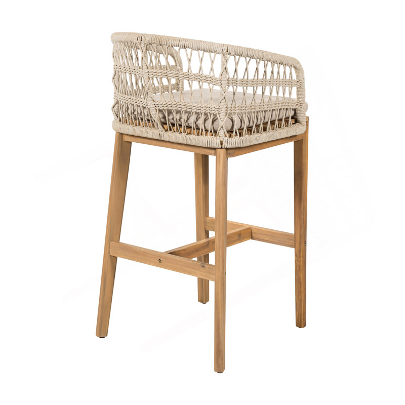Tabouret de bar d'extérieur en bois et corde, bois fini teck avec coussin, ensemble de 2