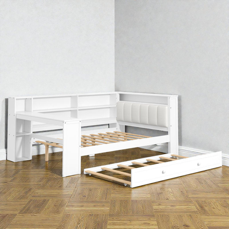 Full Daybed With Trundle And Desk, Upholstered Headboard, Storage Shelves With Charging Station & LED, Contemporary