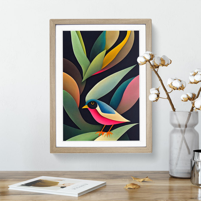 Curious Bird - Single Picture Frame Painting, 64cm H x 46cm W x 2cm D, Oak Framed