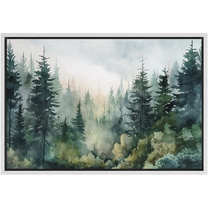 Paysage de forêt Woodland «Green Pine Tree Forest» sur, H 16 po x l 24 po, Cadre flottant blanc