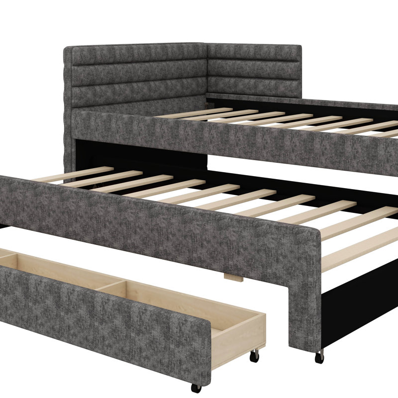 Twin-Sized Upholstered Daybed Including Trundle Bed And 3 In-Built Storage Drawers, Gray