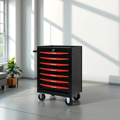 ??multi-purpose 7-drawer Tool Trolley - Powder-coated Steel With Ball Bearings & Parking Brakes, Red & Black