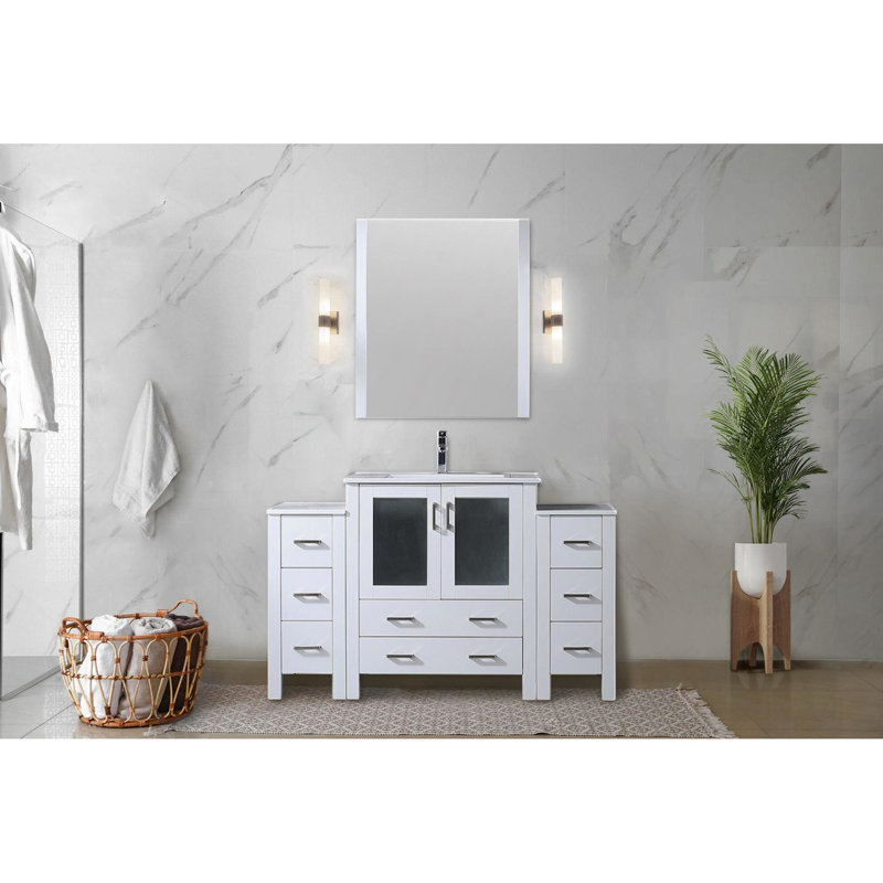 Blanc 54 po De meuble-lavabo l 18 po x P 18,25 po avec armoires latérales, robinet, comptoir en céramique et miroir 28 - Finition teintée pour le mur