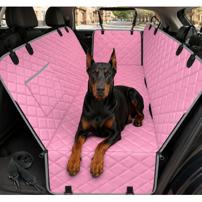 Un hamac pour chien imperméable rose/gris pour siège arrière, avec une conception antidérapante durable et des poches de rangement, conçu pour protéger les sièges des rayures et adapté aux voitures, VUS et camions.