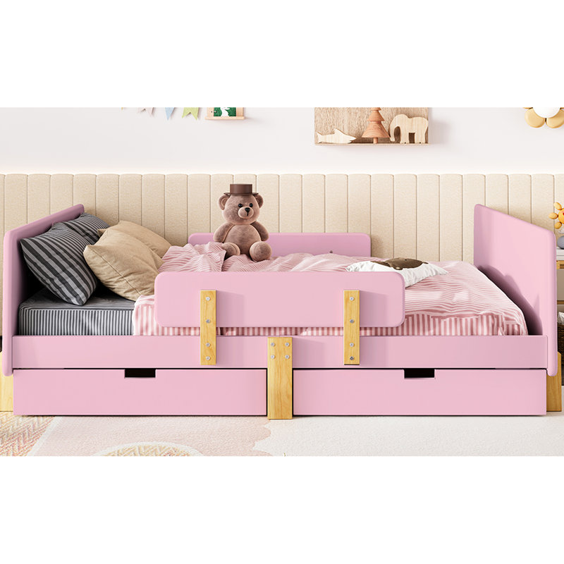 Lit plateforme rose avec rangement et structure en bois massif, rail, tablette pour le confort de la chambre à coucher Mélange esthétique fonctionnel