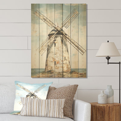 Vintage Windmills At The Beach II - Wind Turbines On Wood Print