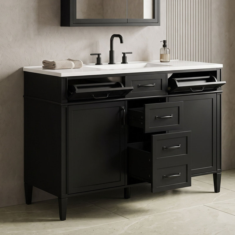 48 Inch Bathroom Vanity Cabinet with Sink Top, Adjustable Shelves, 4 Drawers and 2 Soft-Close Doors, Black