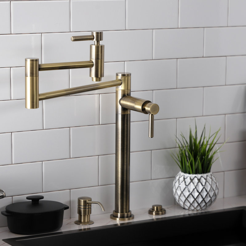 Kingston Brass Two-Handle 1-Hole Deck Mount Pot Filler Faucet, Lever Handle, Antique Brass