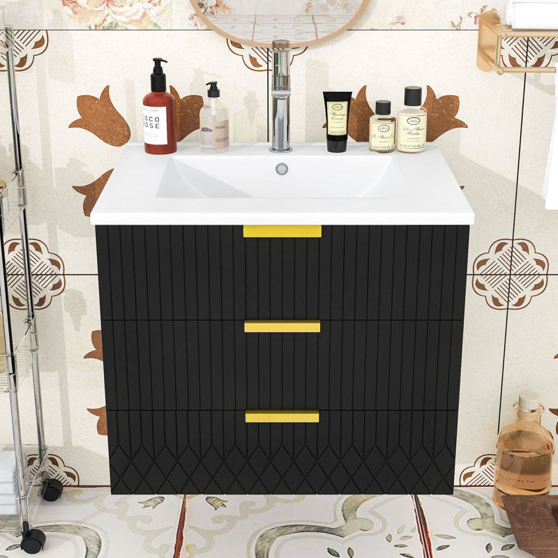 24-Inch Wall-Mounted Bathroom Cabinet with Sink, Floating Design, Black