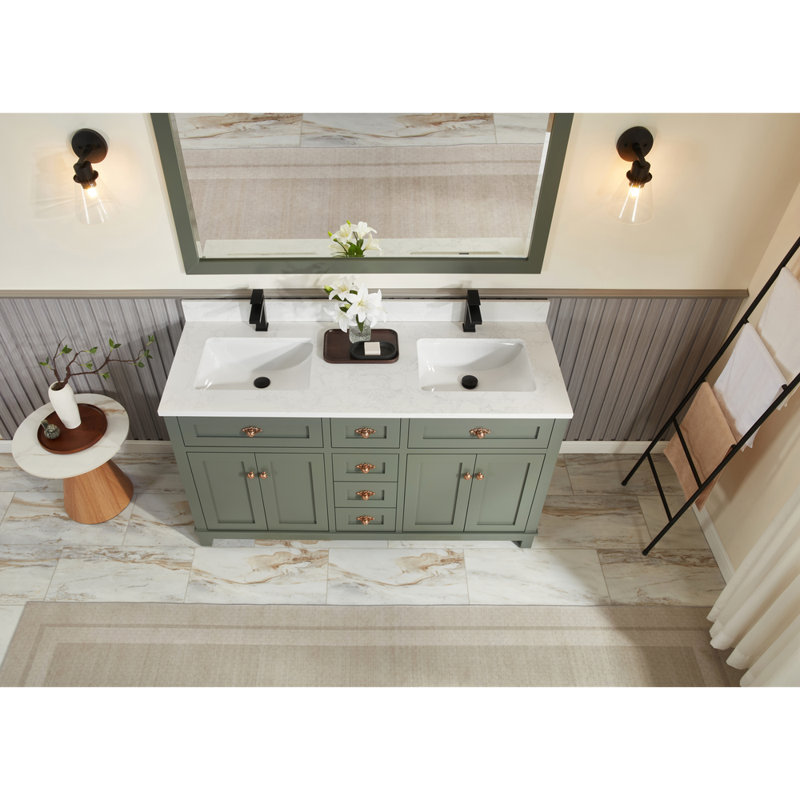 60" Finish Solid Wood Sink Vanity With 1' Artificial Stone Top, Pewter Green, Rose Gold