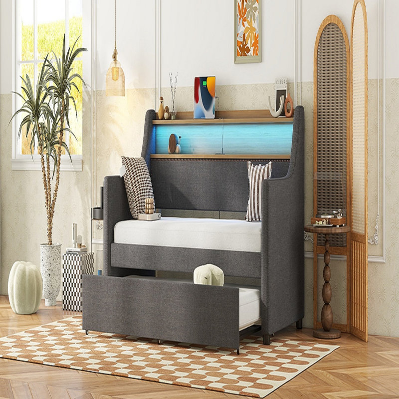 Lit de jour en tissu de lin avec lit gigogne, lit de jour simple avec bandes lumineuses à DEL, tablettes, prises de courant