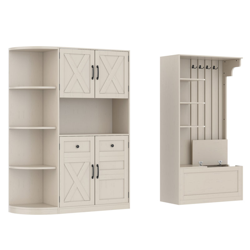 Armoire de vestibule multifonctionnelle gauche-droite (peut être utilisée séparément) avec rangement et 4 crochets, Beige