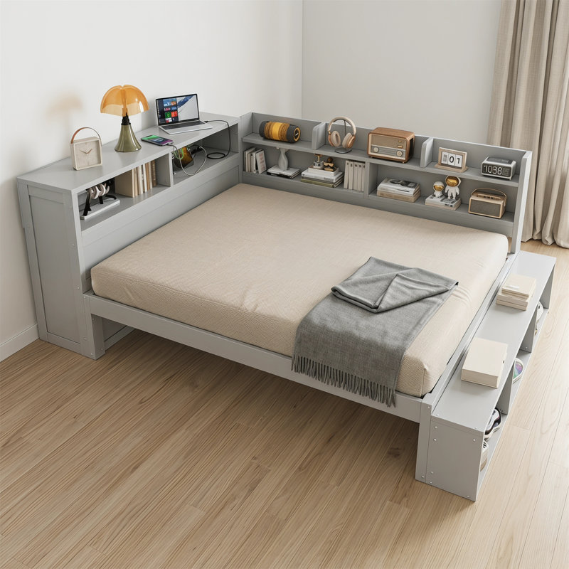 Structure de lit double pleine grandeur avec compartiments de rangement, étagère à chaussures et ports USB, convenant à la chambre à coucher