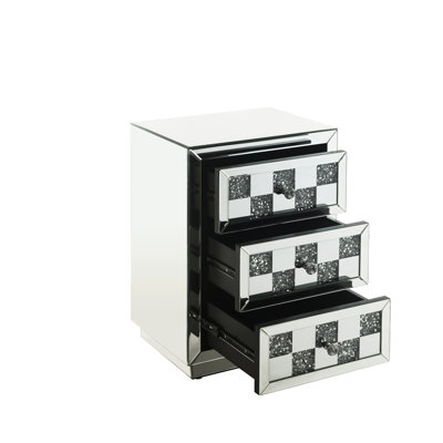 Elegant Mirrored And Faux Diamonds Accent Buffet - 3 Drawer, 18"W X 26"H, Synthetic Wood Table With Tray 1.3" Thick,
