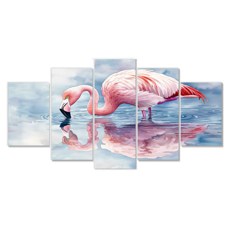 Flamant rose reflets au bord du lac I - Art mural animal flamant - ensemble de décoration murale moderne