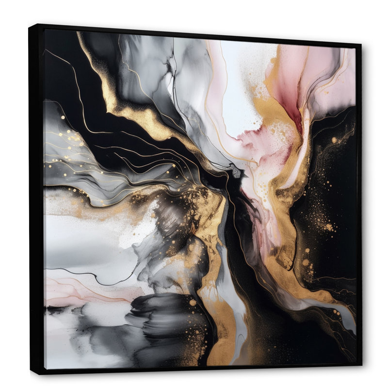 «Black Gold Marble Splash I», art mural abstrait en marbre, H 36 po x l 36 po x P 1,5 po, Toile avec cadre flottant noir