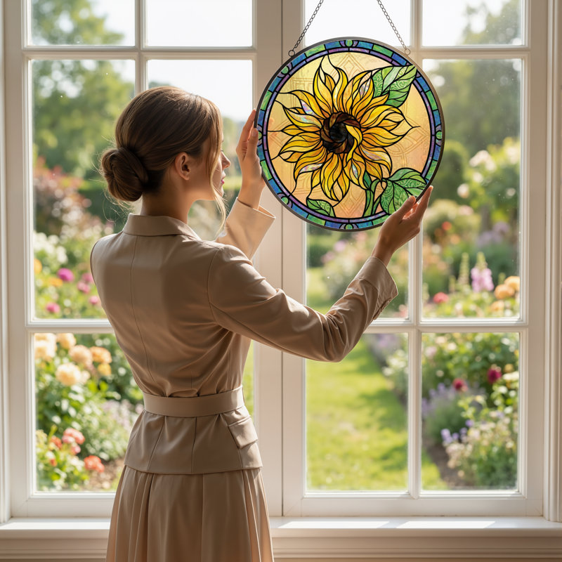 12"H Sunflower Pattern Stained Glass Window Panel, 12" H x 12" W