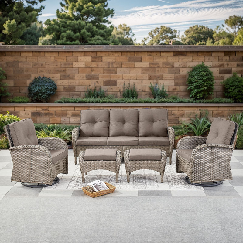 Valierius 5-Piece Outdoor Wicker Patio Furniture With 8 Seat Sofa & Swivel Chair, Coversation Set With Water Resistant Cushions