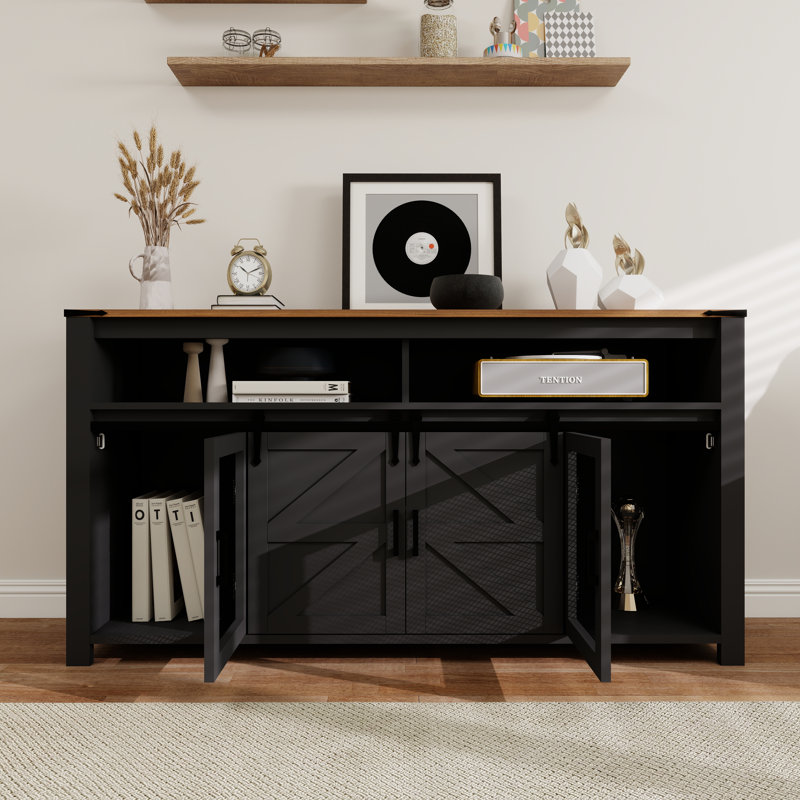 59'' Farmhouse Wooden Sideboard With Sliding Barn Door And Mesh Panels, Black/Brown