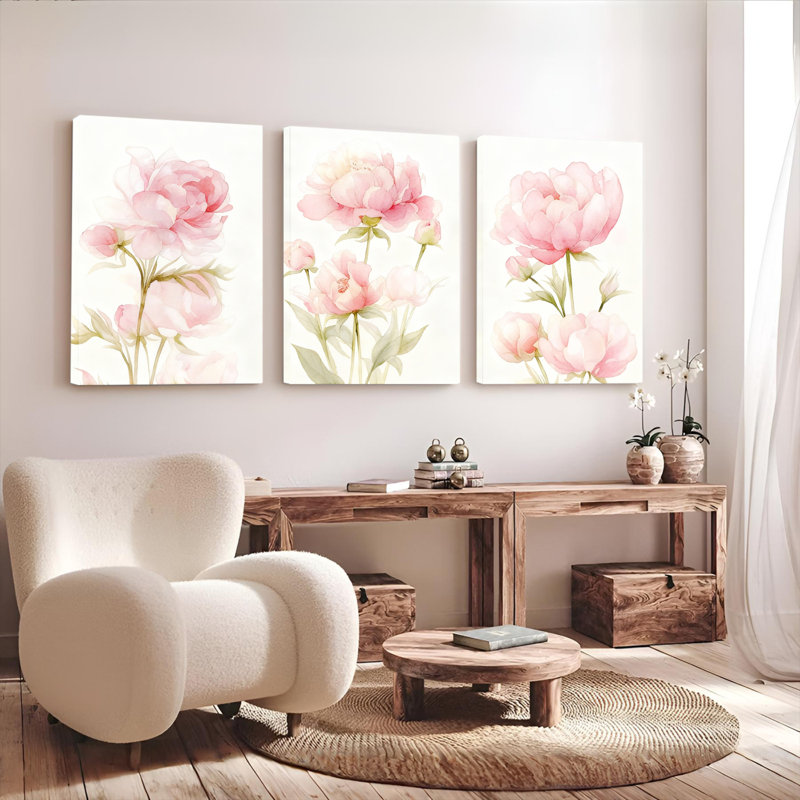 Pivoine rose, reproduction d'art sur toile tendue sur toile, ensemble de 3, H 24 po x l 48 po