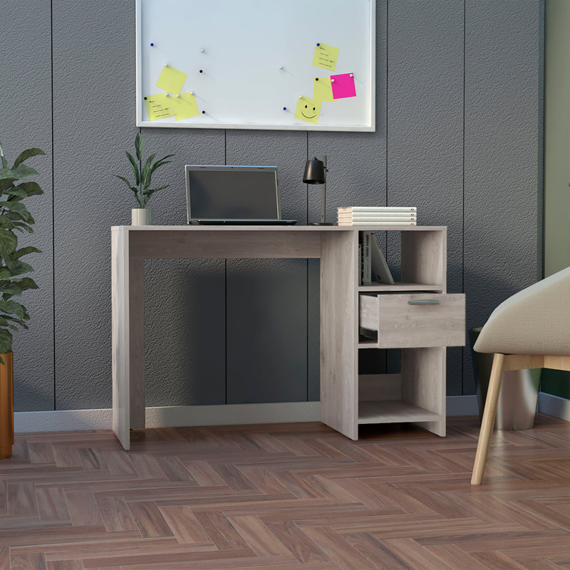 Bureau d'ordinateur avec 1 tiroir et 2 tablettes de rangement ouvertes, gris clair