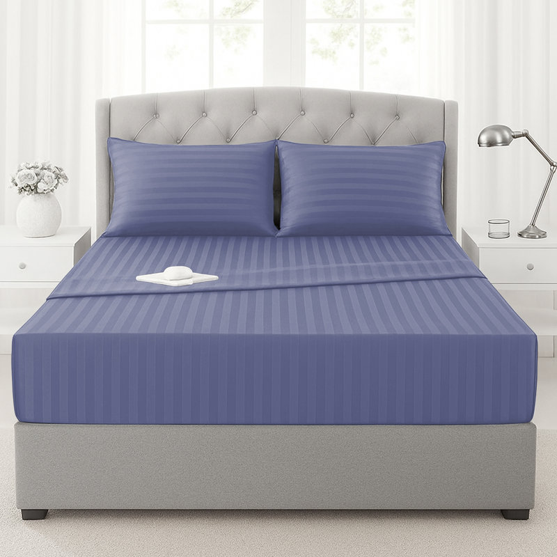 200 Thread Count Microfibre Stripe Fitted Sheet 40cm, Washed Blue, Single (3')