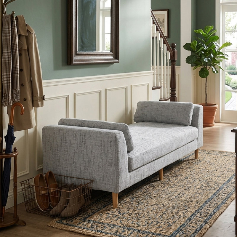 Gray Chenille Large Modern Ottoman with Two Cushions ,Sturdy Wooden Legs Foot Stool, Gray