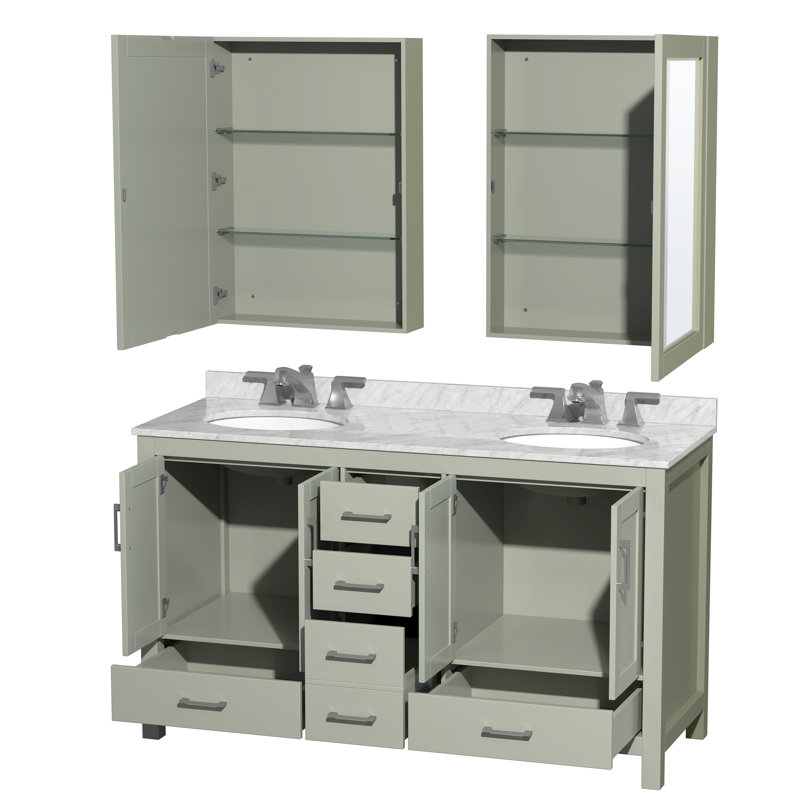 Sheffield 60" Double Bathroom Vanity Set with Mirror, White Carrara Marble, 8" Centers, Light Green
