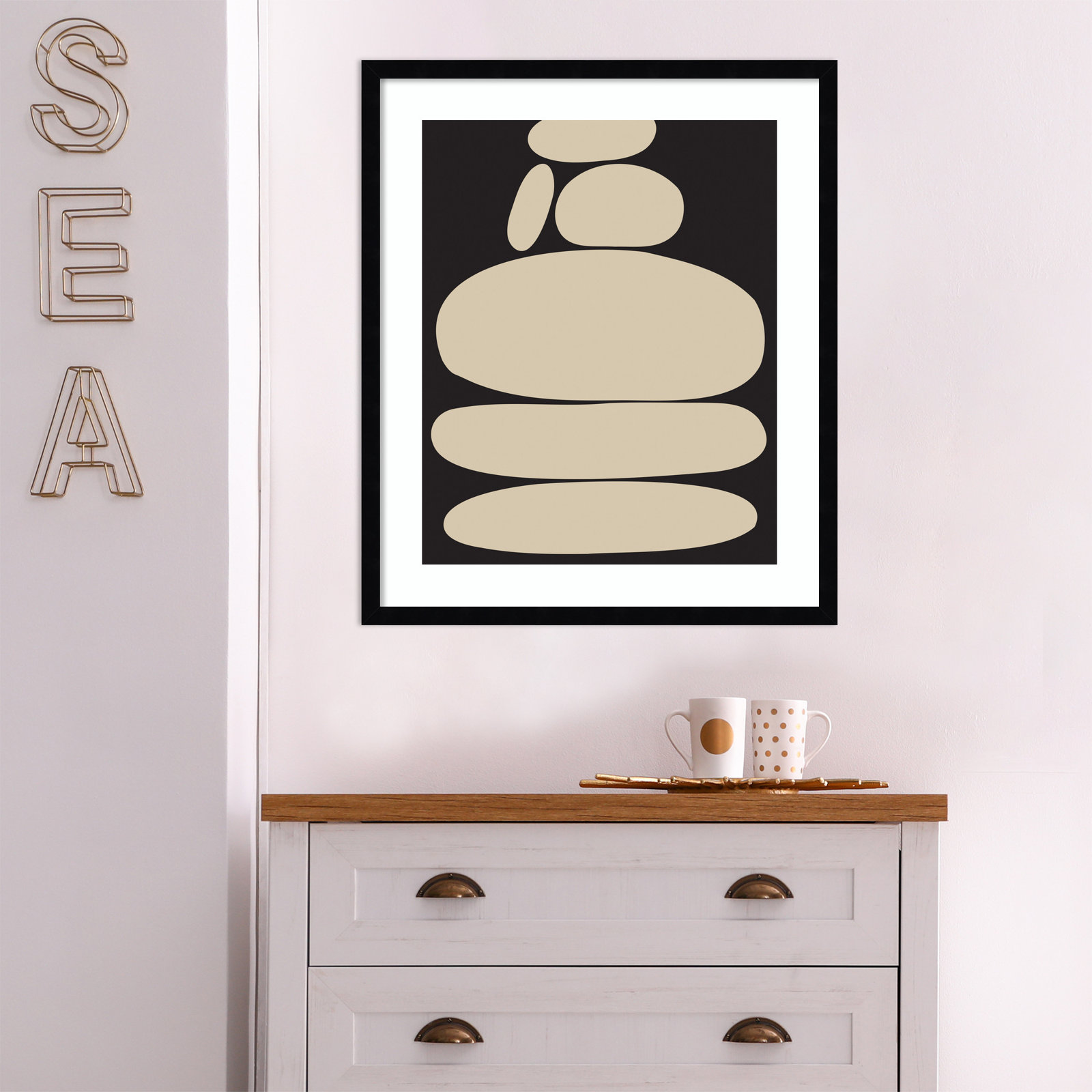 Zen River Rocks Black and Tan Print, Black Framed, 25" H x 21" W
