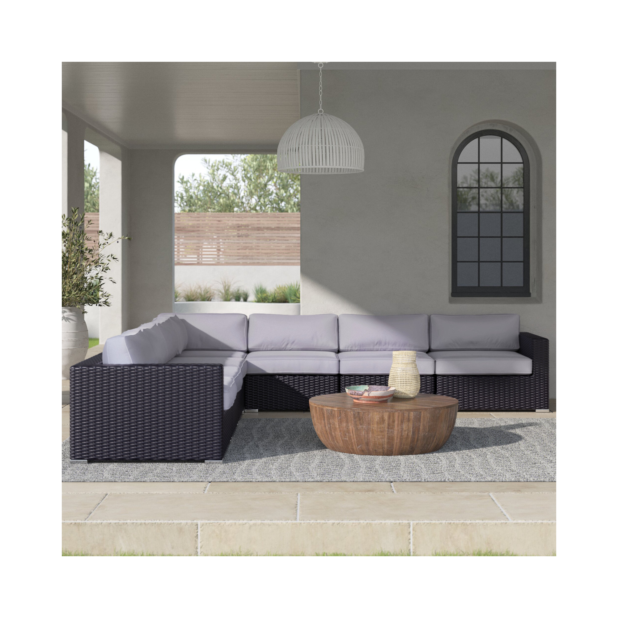 Foxtrot Fully Assembled 122'' Wide Outdoor Wicker Patio Sectional with Cushions, Olefin Gray Cushion/Black Frame