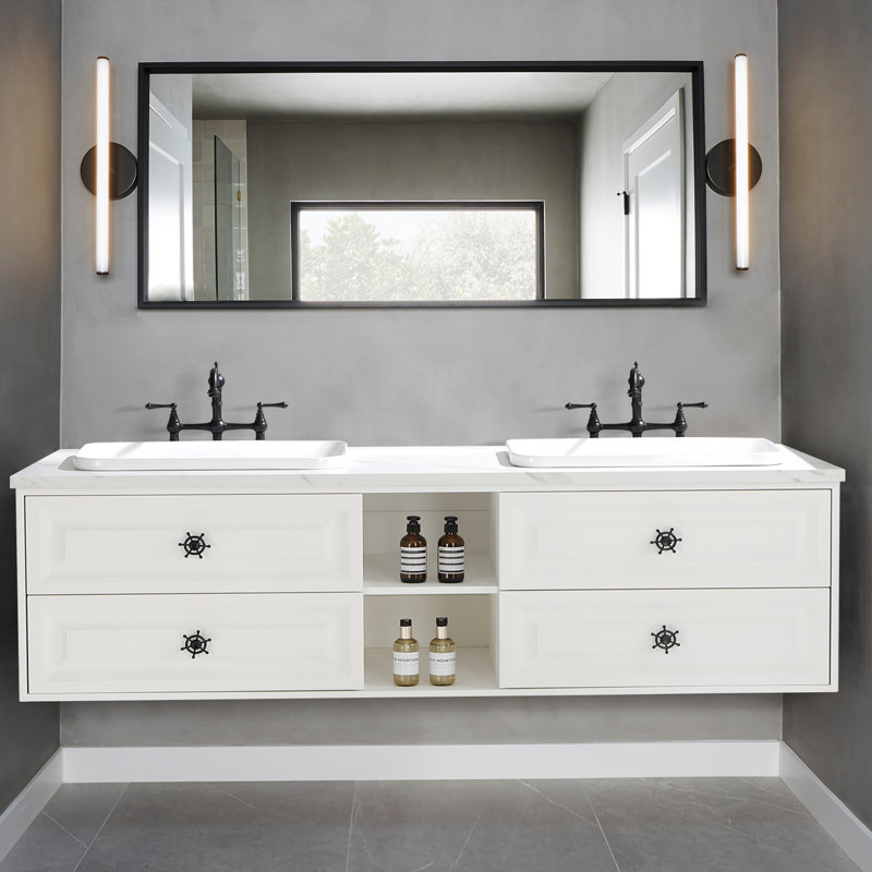 Meuble-lavabo double 84 po avec plateau en pierre reconstituée Ahmadnur