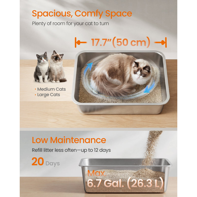 Boxal Stainless Steel Litter Box, 15cmH x 35cmW x 50cmD