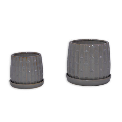 Set of 2 Ceramic Flowerpot, Modern Planter for Patio, Garden, Windowsill - Grey