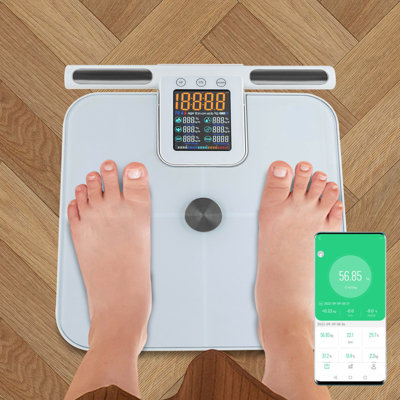 8 pèse-personne intelligent à échelle de masse corporelle avec affichage couleur à cristaux liquides et analyseur de composition corporelle Bluetooth avec capacité de charge maximale de 397 lb pour 10 utilisateurs