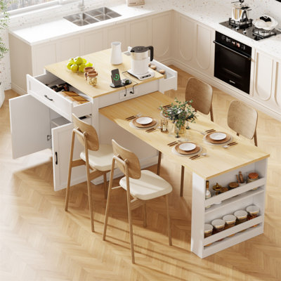 82.7 Inch Kitchen Island With Extendable Dining Table For 4-6 Person,Two-Tone Kitchen Table With Double-Sized Storage, Power Outlet, Kitchen Island With Storage 2 Drawers 2 Side Open Shelves